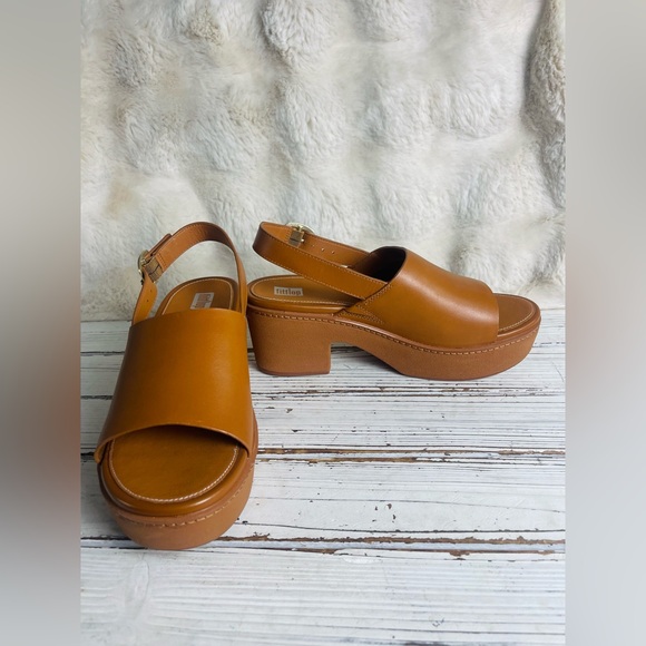 Fitflop Pilar Tan Leather Back Strap Platform Chunky Heel Mule Sandals Sz 8 - Picture 6 of 15